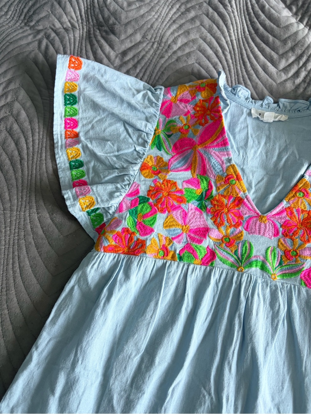 THML Light Blue Mini Dress with Bright Floral Embroidery - Picture 3 of 7